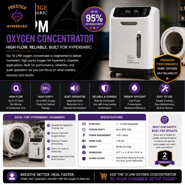 10 LPM medical-grade oxygen concentrator for Prestige Hyperbaric chambers