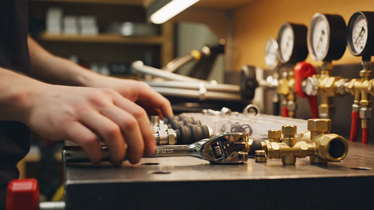 Illustrative workshop vignette showing fittings and tools arranged on a workbench