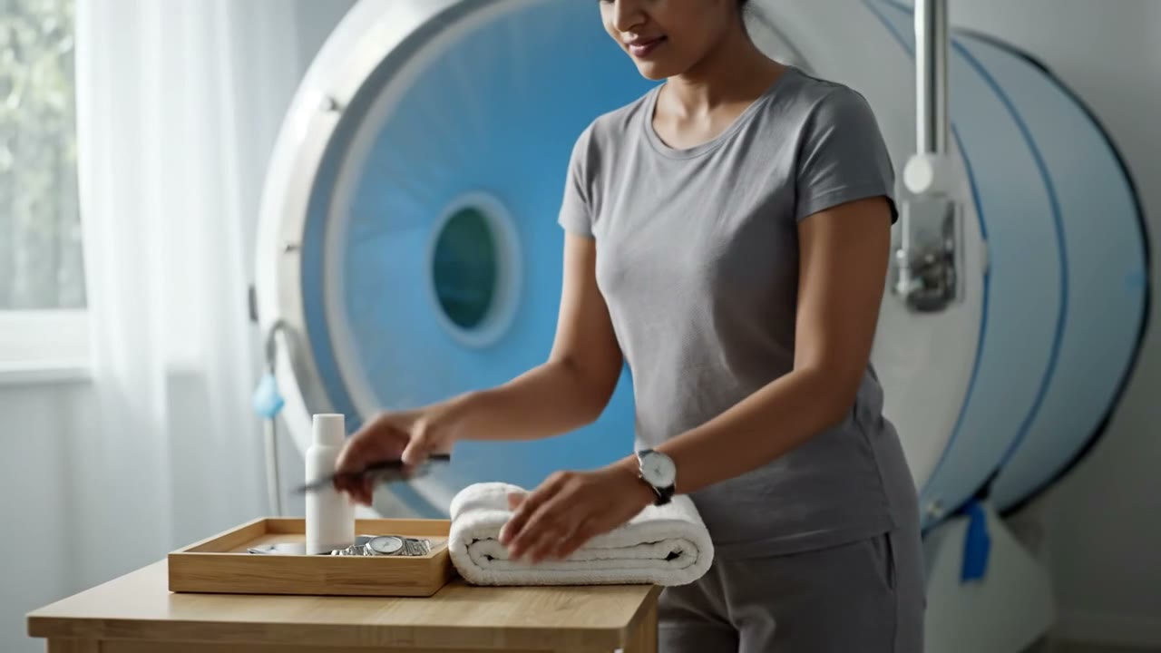 Illustrative scene of a chamber operator placing personal items on a tray outside a hyperbaric chamber