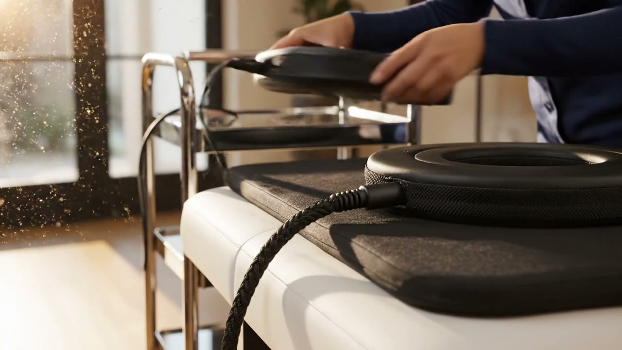 Illustrative scene of a PMST LOOP Single Loop applicator beside a PEMF mattress on a showroom bench