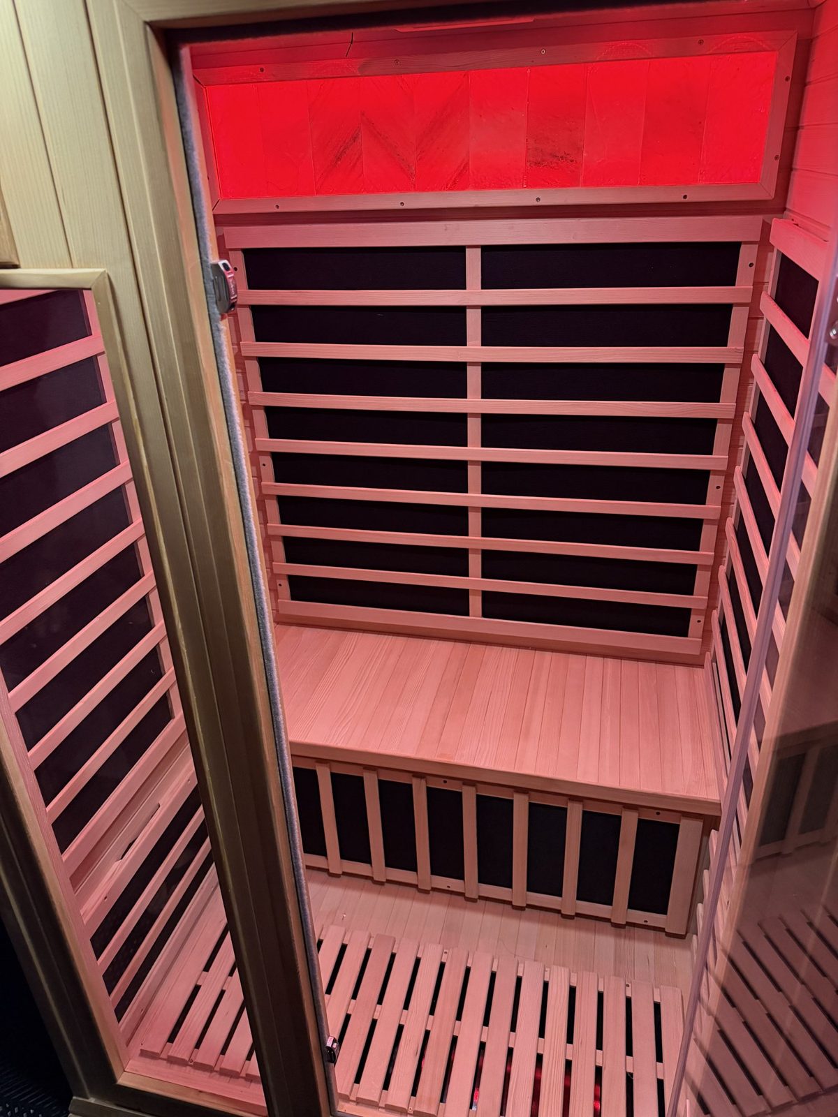 Classic Carbon Duo Sauna interior bench and carbon heater panels
