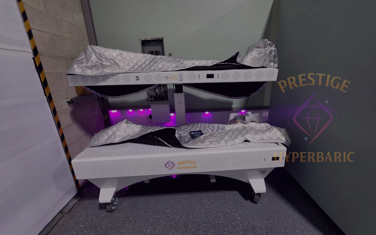 Prestige Pro modular red light therapy bed with purple LED lighting in the showroom