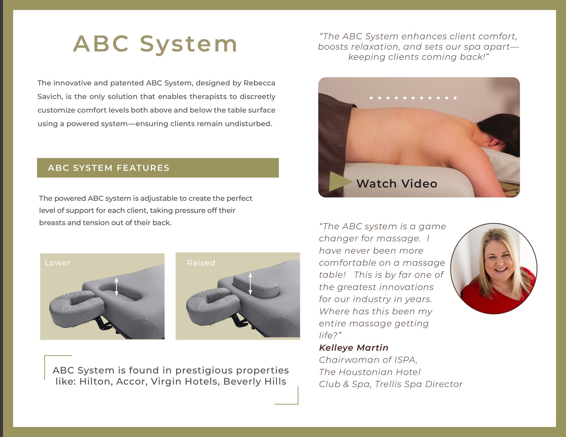A BC System “The ABC System enhances client comfort, boosts relaxation, and sets our spa apart— keeping clients coming back!” The innovative