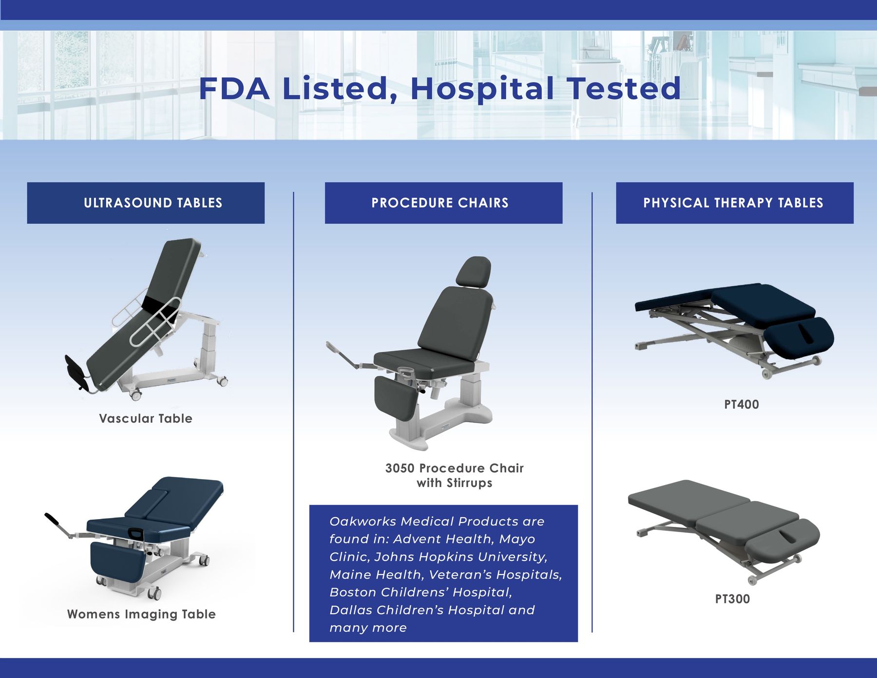 FDA Listed, Hospital Tested ULTRASOUND TABLES PROCEDURE CHAIRS PHYSICAL THERAPY TABLES PT400 Vascular Table 3050 Procedure Chair with Stirru